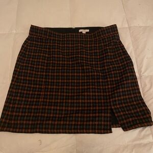 LOFT Black, Brown, and Orange Plaid Mini Skirt with Side Slit